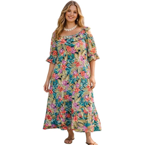 Hilo Hattie Dresses & Skirts - Hilo Hattie Floral Maxi Dress Women Size L Multicolor Tropical Hibiscus Ruffle